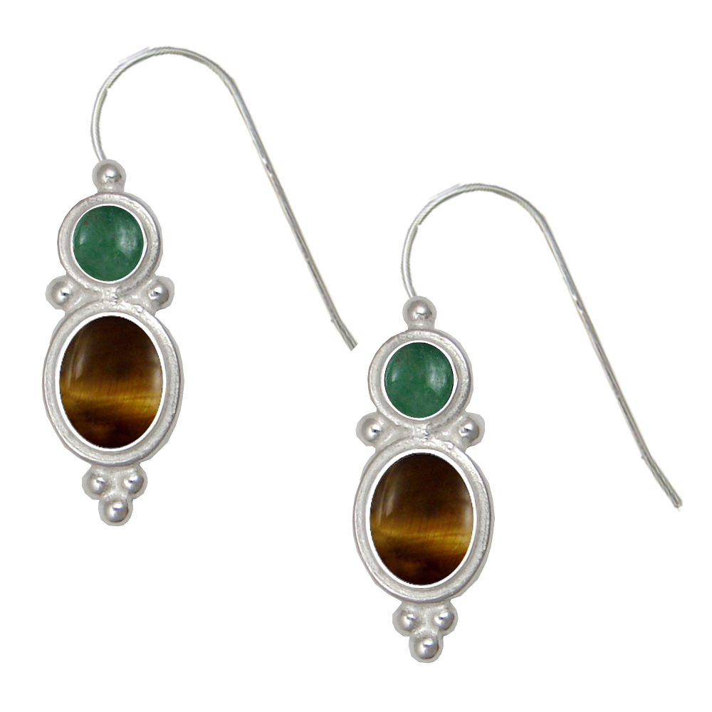 Sterling Silver Drop Dangle Earrings Tiger Eye And Jade